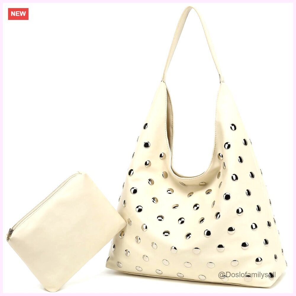 Studded Vegan Leather Hobo Tote Slouchy Shoulder Bag Elegant Chic